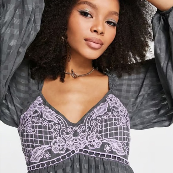 ASOS DESIGN embroidered bust pleated midi dress long sleeve in dark grey 26 - Picture 4 of 14